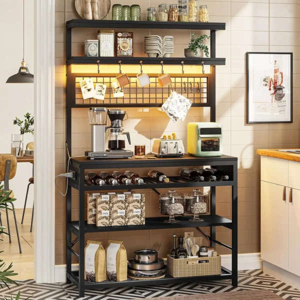 Bakers Ra With Power Outlet, 6-Tier Coffee Bar, Microwave Stand With Wine Ra, Led Lights And 10 Hooks, Bakers Ras For Kitchens