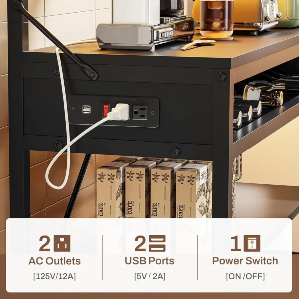 Bakers Ra With Power Outlet, 6-Tier Coffee Bar, Microwave Stand With Wine Ra, Led Lights And 10 Hooks, Bakers Ras For Kitchens - Image 4