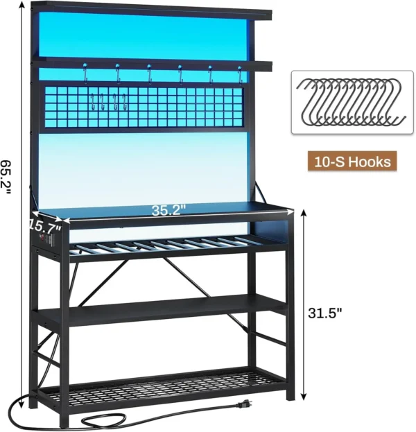 Bakers Ra With Power Outlet, 6-Tier Coffee Bar, Microwave Stand With Wine Ra, Led Lights And 10 Hooks, Bakers Ras For Kitchens - Image 2