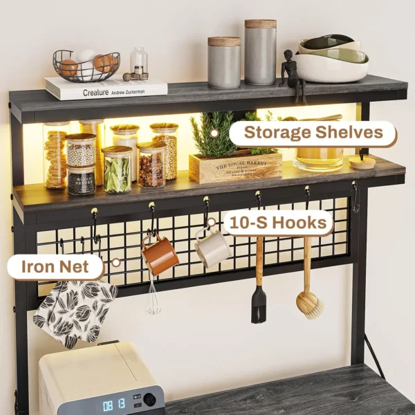 Bakers Ra With Power Outlet, 6-Tier Coffee Bar, Microwave Stand With Wine Ra, Led Lights And 10 Hooks, Bakers Ras For Kitchens - Image 5